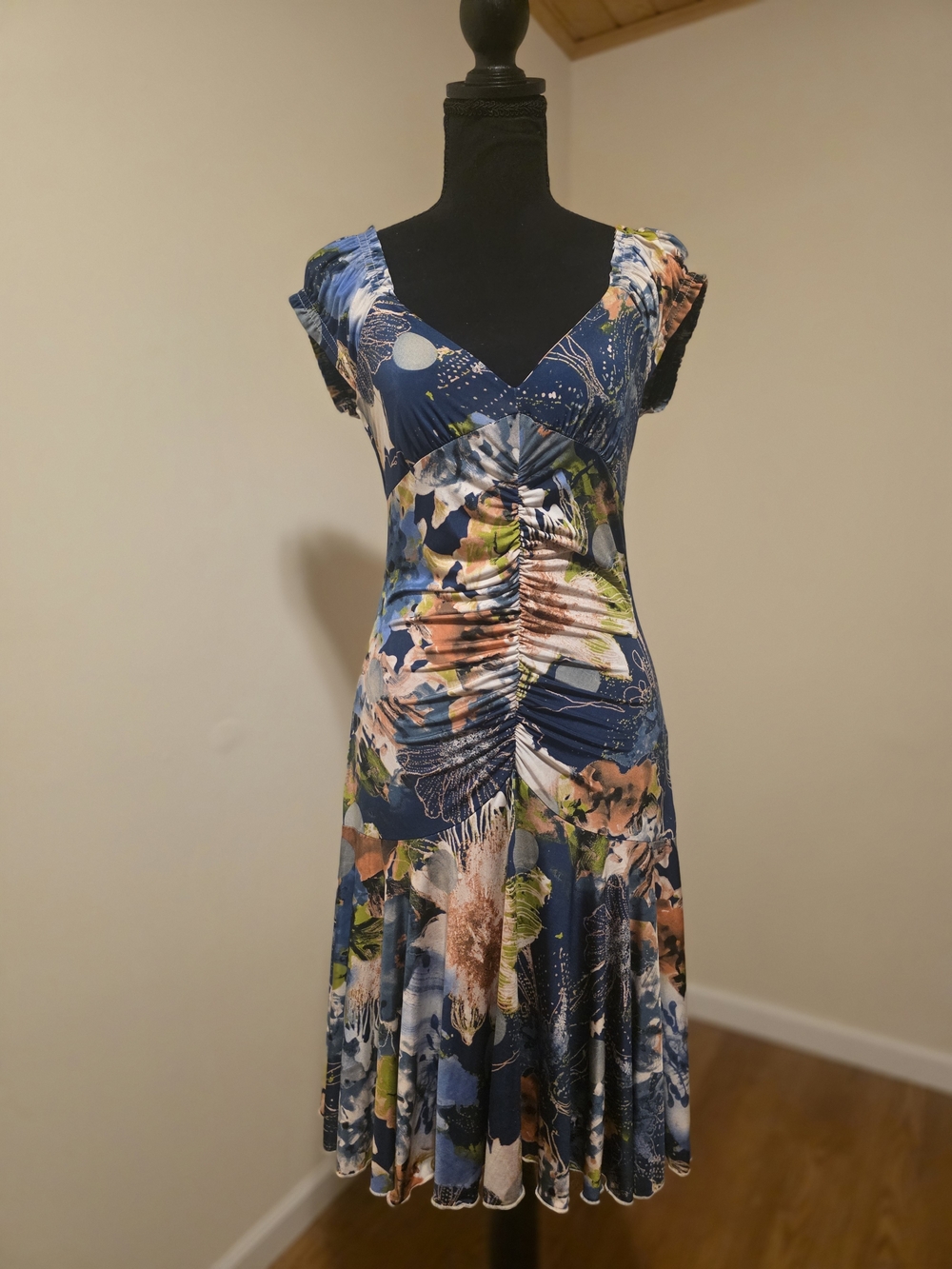 Bali Navy Floral Ruched V-Neck Midi Dress